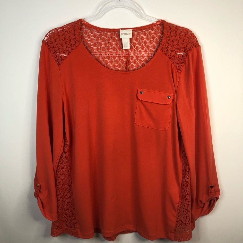 Chicos Orange Lace Back 3/4 Sleeve Top
